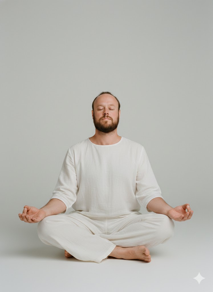Diogo Camargo em meditacao, vestido de branco