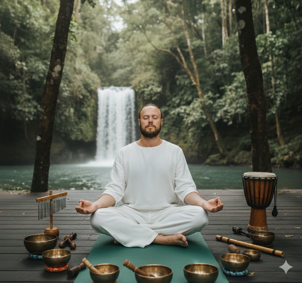 Diogo Camargo de branco sentado com instrumentos de sound healing na natureza